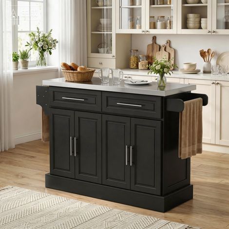 Isla de Cocina con Ruedas Tablero de Acero Inoxidable Cajones Estantes Ajustables Especiero Toallero 145x45x93 cm Negro (1/5)