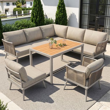Seyakany Ensemble de salon de jardin en L 7 pièces avec accoudoirs tressés,canapé d'angle+table basse en bois et fauteuil,structure en fer(Beige) (1/5)