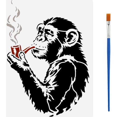 Pochoir Peinture Gorille Fumant avec Pinceau 21x29.7 cm Réutilisable Gabarit Dessin Plastique PET Pochoir Pipe Fumante pour Déco Sol Maison (1/5)