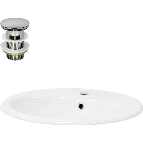 ML-Design Lavabo Encastré en Céramique, 570 x 195 x 485 mm, Blanc Brillant, Ovale, avec Bouchon de Vidange en Laiton Chromé, Vasque Lave-Mains Évier à Encastrer avec Trop-Plein et Trou pour Robinet (1/5)