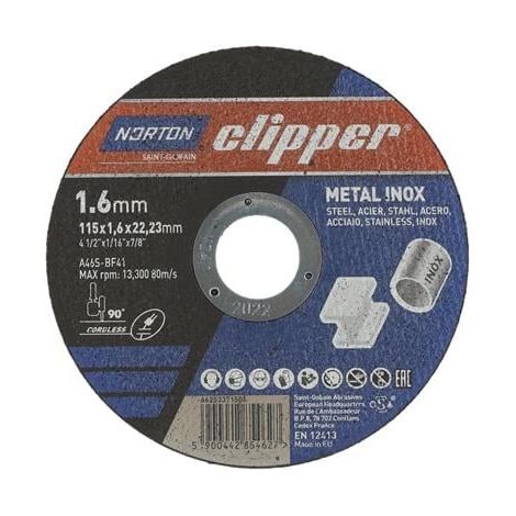 Disco de corte D115x1,6mm Tipo 41 Metal-Inox Bohr.22,23mm NORTON CLIPPER (1/2)