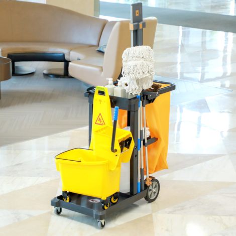 Chariot de ménage 3 niveaux avec crochets et sac 100L, 121x50,5x96,5 cm, Noir Jaune Gris (1/5)