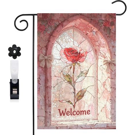 Bannière de cour rose rouge et arche en brique 30 x 45 cm décoration extérieure et intérieure (1/5)