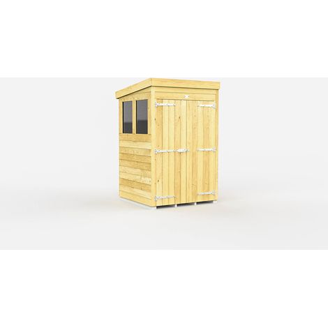 4 x 4 Feet Pent Shed - Double Door With Windows - Wood - L118 x W127 x H201 cm