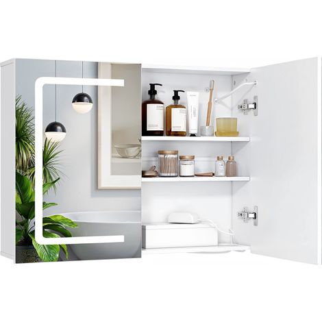 Armoire Murale de Salle de Bain Bealife Armoire avec Mirroir LED Réglable Étagère Sèche-cheveux Étagères Réglables Prise 80x16x60 cm (1/5)