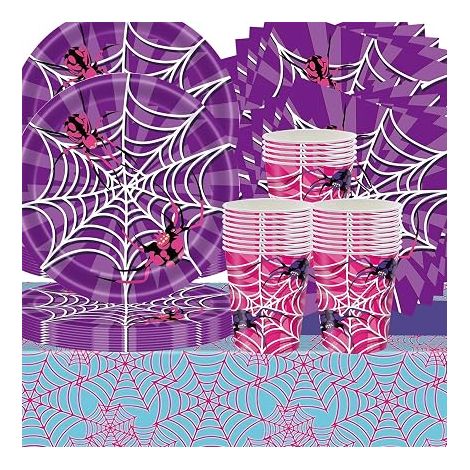 Vaisselle de fête de Araignées, décorations de fête sur le thème de la toile d'araignée d'Halloween,Comprenant assiettes,Tasses,Serviettes en papier,Nappes- pour Fête d'anniversaire pour enfants (1/5)