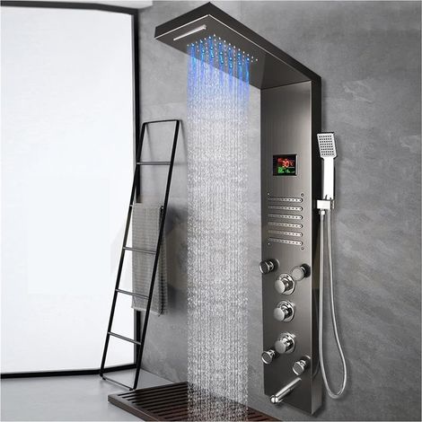 Ensemble de douche mitigeur thermostatique intelli Panneau de douche à affichage numérique brossé en nickel gris foncé, jets de spa de douche cascade de pluie à colonne LED, robinet mitigeur de bain-d (1/5)
