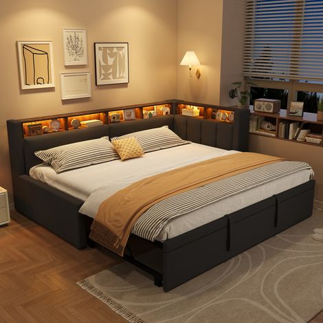 Lit extensible 90x200 cm avec LED et rangement, canapé-lit gigogne convertible en 180x200 cm avec tête de lit d'angle en lin - Gris (1/5)