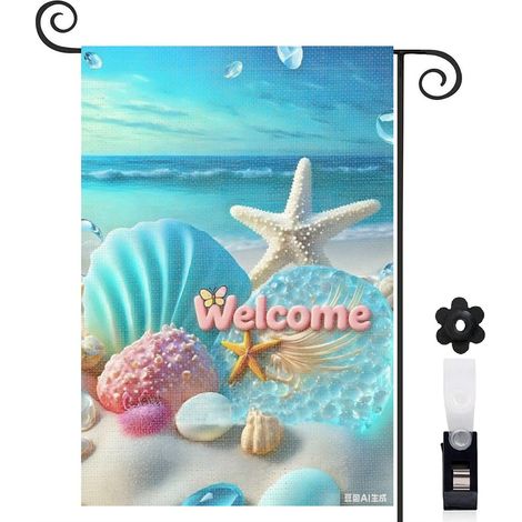 Drapeau de jardin bienvenue 30 x 45 cm motif coquillages et étoiles de mer style été toile double face (1/5)