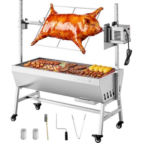 Barbecue à Charbon avec Tournebroche Électrique 38 W, Rôtissoire à Charbon de Bois Capacité de Charge 60 kg, avec Roues et 7 Niveaux de Hauteur, Broche en Inox, pour Agneau Porcelet, Camping (1/5)