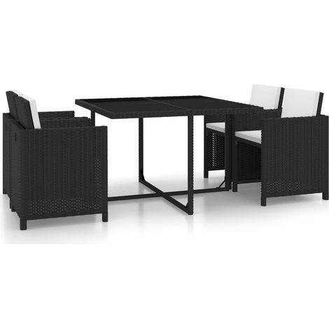 5-tlg. Garten-Essgruppe mit Auflagen Poly Rattan Schwarz