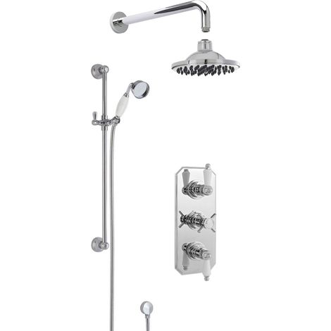 Hanchurch Traditional Concealed Triple Valve with Bevelled Back Plate Shower Set with Slide Rail Kit, Arm & Head- Chrome - Balterley