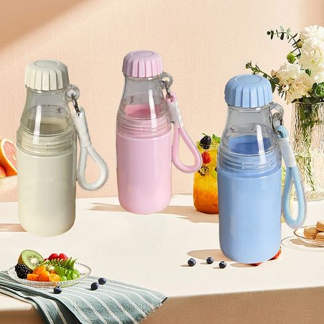 Tragbare Wasserflasche im koreanischen Stil, Instagram-tauglich, in leuchtenden Farben, mit abnehmbarem Schultergurt, auslaufsicherem Kunststoffbecher mit zwei Fächern, blau. (1/5)