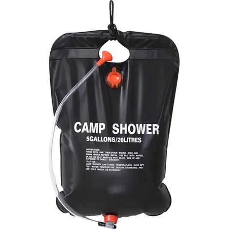 Sac de douche de camping (noir) 20 L, portable, chauffant à l'énergie solaire, avec tuyau, en PVC. Accessoires de camping. (1/3)