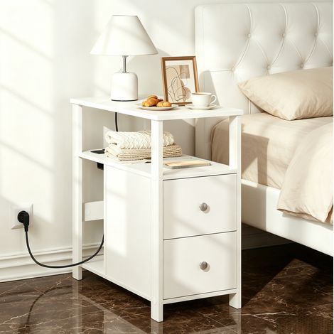 Mesa Auxiliar Blanca 60x30x60 cm con Tomada y 2 Cajones, Paneles de Madera E1 MEUBLIV (1/4)