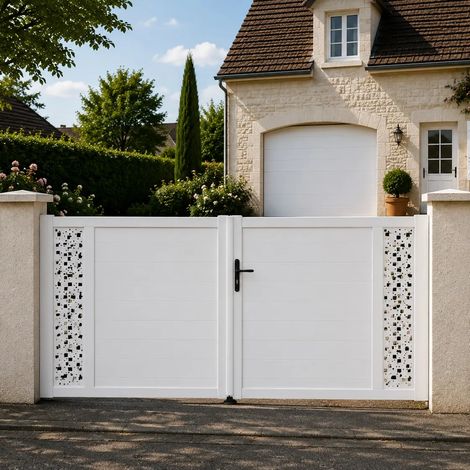 Portail battant manuel PVC blanc structure renforcée H 140 x L 300 ARLES DÉCOR CARRÉS (1/5)