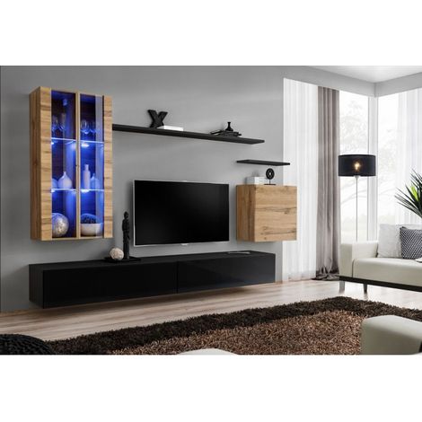 Ensemble mural - Switch XII - 2 vitrines LED - 2 bancs TV - 1 vitrine carrée - 3 étagères - Bois et noir - Modèle 1 - Livraison gratuite