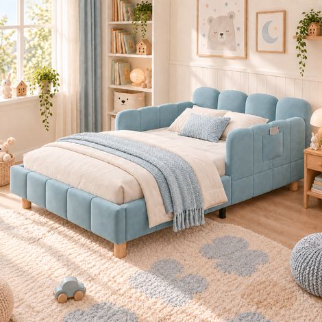 Lit enfant rembourré 90x200 cm en velours avec tête de lit, barrière de sécurité et pieds en bois massif, pour chambre d’enfant - Bleu (1/5)
