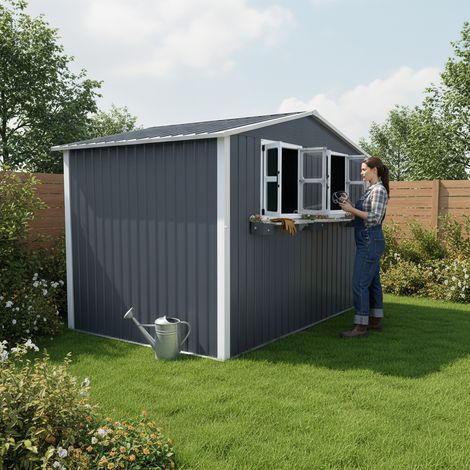 Stahl Gartenhaus 4,33m² Anthrazitgrau 275x181x198cm Metallgerätehaus mit Doppeltür & Fenster