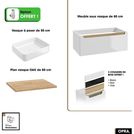 Ensemble meuble sous vasque avec plan et vasque à poser - Siphon OFFERT OPRA Blanc-Oak 80 × 30 × 45 cm (1/5)