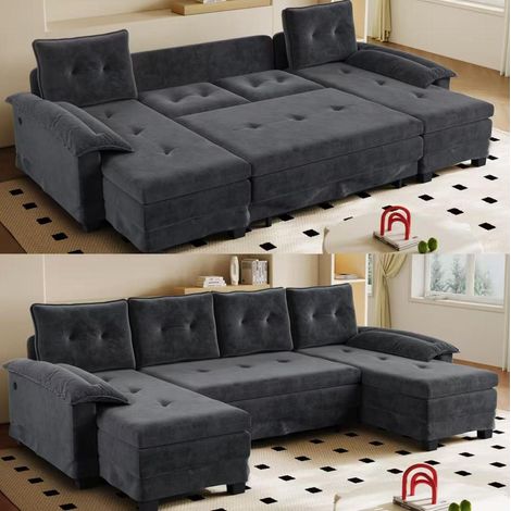 U-förmiges Schlafsofa 278 x 127 x 87 cm aus grauem Chenille mit USB – MEUBLIV (1/5)