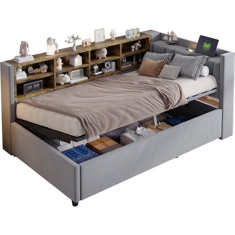 Canapé-lit rembourré 90x200 cm avec USB + Type-C, Lit simple avec veilleuse, Lit coffre, Tête de lit capitonnée, Velours, Gris (1/5)