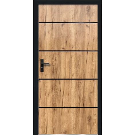 Porta d'ingresso in acciaio massiccio e inox H208.5 x L105 cm effetto rovere - spessore 90 mm - apertura verso destra - NAXARA