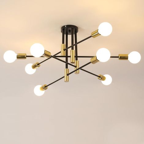 GOECO Lampadario vintage Sputnik a 8 luci 90 cm, lampadario a soffitto industriale per soggiorno E27, lampada da soffitto per soggiorno, cucina, camera da letto, nero con oro (senza lampadine) (1/5)