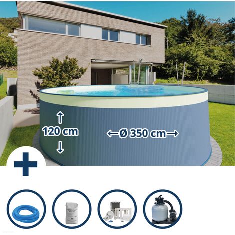 Stahlwandpool Set (5-teilig) rund 350 x 120 cm, Stahl 0,4 mm anthrazit Folie 0,3 mm sand