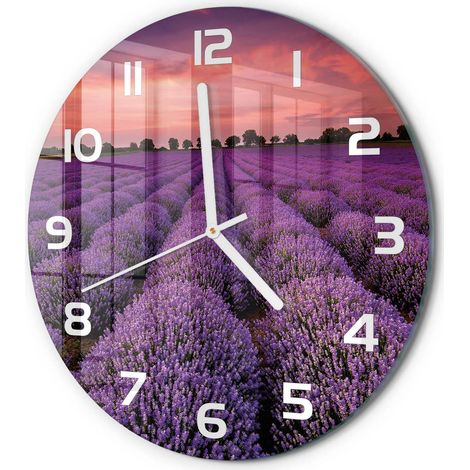 Horloge Murale Ronde Déco Cuisine Verre Trempé Silencieuse Design Moderne Champ de lavande fi 30 cm (1/5)