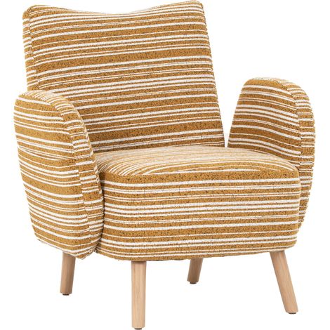 Fauteuil moderne en tissu bouclé jaune moutarde avec poches latérales et pieds en bois massif (1/5)