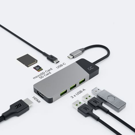 Adaptateur USB-C Green Cell Hub GC Connect 7 en 1 (3 ports USB 3.1, HDMI 4K 60 Hz, USB-C PD 85 W, lecteur microSD/SD) (1/5)