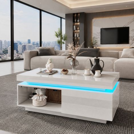 Mueble TV blanco brillo con LED, conjunto de 2 piezas con mesa de centro OKMYHOME (1/5)