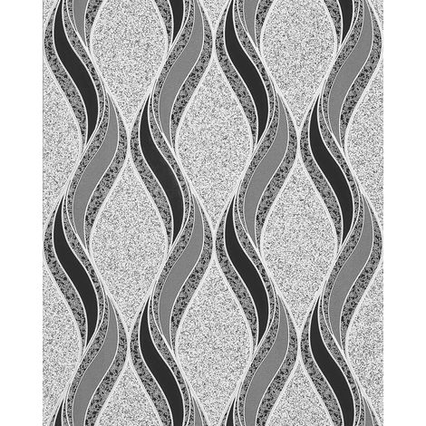 Grafische Tapete EDEM 1025-16 Buntsteinputz geschwungene Linien mit Ornamenten hellgrau schwarz silber