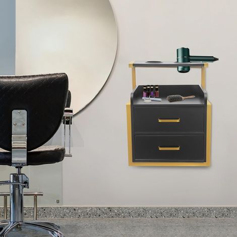 Hängeschrank, Werkzeugschrank für Friseur, Salon Wandschrank mit Haartrockner-Halterung und Schubladen, Friseur Zubehör, Beauty Wandschrank für Friseurgeschäften, Salons, 403048cm Gold (1/5)