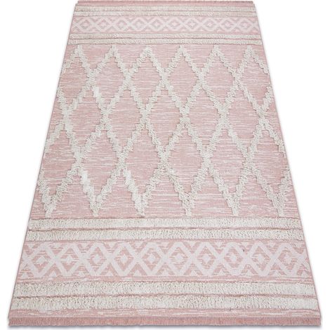 Tappeto ECO SIZAL BOHO MOROC Diamants 22297 franges - due livelli di pile rosa / crema, tappeto in cotone riciclato pink 78x150 cm