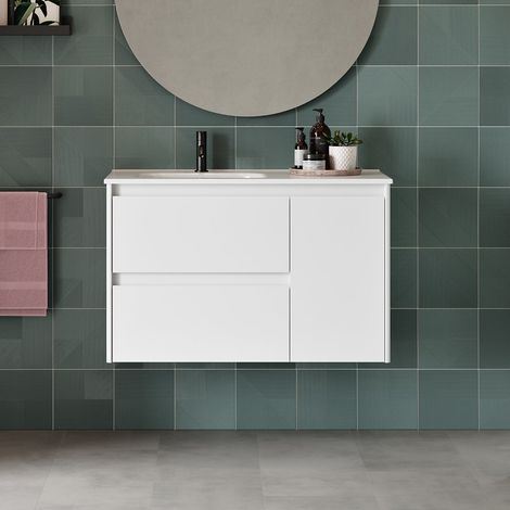 ROYO ALFA Mueble de Baño con Lavabo 2 Cajones 1 Puerta 90 cm Blanco Brillo - ref: C0073382 (1/2)