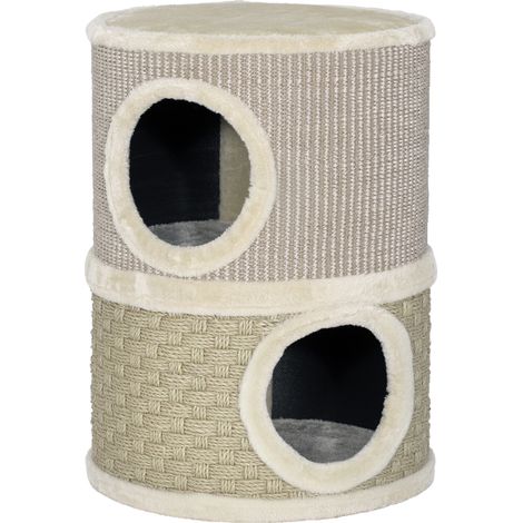 Klöstunna 49 cm hauteur Ø35,5 cm, arbre à chat deux étages avec bord peluche, tapis à griffer, 2 cachettes, couleur kaki et café (1/5)
