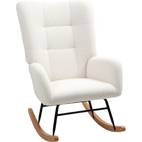Fauteuil à bascule avec accoudoirs, aspect velours peluche, fauteuil inclinable avec patins en bois, fauteuil à bascule, fauteuil d'allaitement pour chambre ou salon, blanc crème