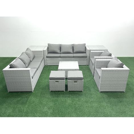 Fimous Rattan Sofa Gartenmöbel Set mit 2 Sesseln Quadratischer Couchtisch 2 kleine Fußhockern 2 Beistelltischen Hellgrau gemischt (1/5)