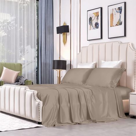 Completo Letto Set Lenzuola 100% Raso Di Cotone Set Lenzuolo Sopra Sotto Matrimoniale Federe Due Piazze Lucido Tortora (1/5)