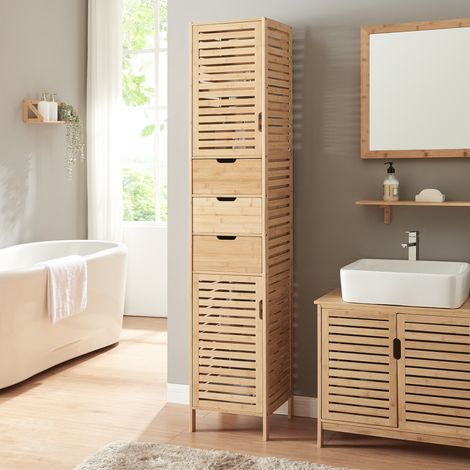 Mobile a Colonna da Bagno Boksereys con 3 Cassetti e Scomparti Chiusi 180 x 35 x 35 cm - Bambù Naturale [en.casa] (1/5)