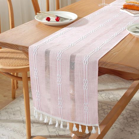 Tischläufer aus Leinen mit Quasten – Waschbare Tischdekoration für Möbel, Weihnachten, Partys, Küche, Couchtisch, Feiertage, Geburtstage und Restaurants (160 x 33 cm, rosa) (1/5)