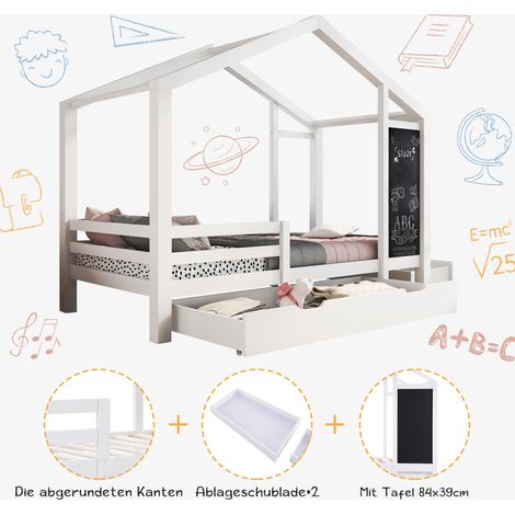 Lit enfant maison 90x200 cm, bois massif blanc avec tableau ardoise et 2 tiroirs, sommier et barrière inclus, sans matelas (1/5)