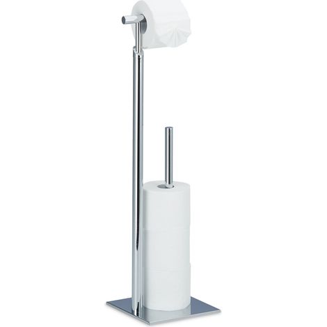 Relaxdays Portarrollos Baño de Pie con Soporte para 4 Rollos de Repuesto, Acero-Plástico, Plateado, 71x20x20 cm