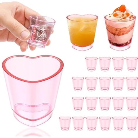 Lot de 24 Verres à Shot Roses en Forme de Cœur, Verre à Liqueur en Plastique 45 ml avec Base Lourde pour Saint-Valentin, Bar et Fête (1/5)