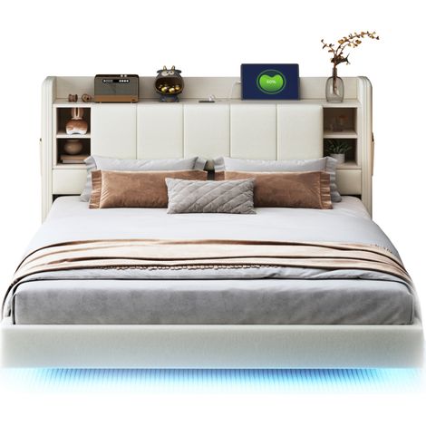 Polsterbett 140/200 cm beige aus Leinenstoff mit LED-Lichtleiste und USB-Anschluss (1/5)