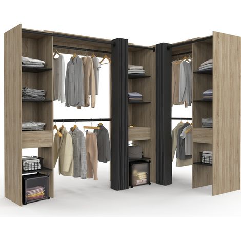 Idmarket – Dressing extensible d'angle 230 x 140 x 180 cm – Bois hêtre et noir – 4 penderies, 12 étagères, 3 tiroirs – Rideaux noirs inclus