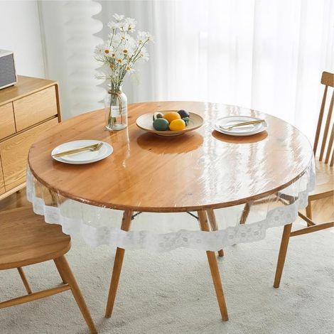 Nappe en dentelle PVC transparente et imperméable avec bord en dentelle blanche, protection de table pour salle à manger, cuisine, circulaire-150cm (1/5)