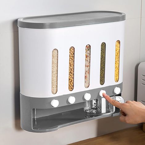Dispensador de cereales 5 en 1, recipiente para cereales secos, cocina, montaje en pared, recipiente multigrano, para granos de mijo